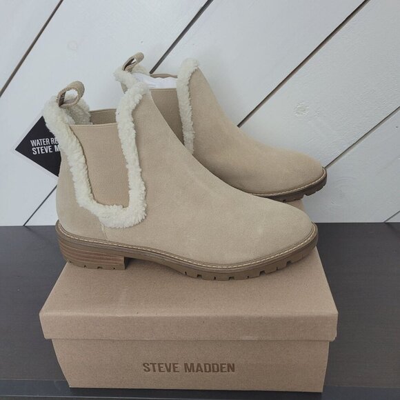 NWT Steve Madden Womens Leopold-F Tan Suede Fur Water Resistant Ankle Boots 8 - Picture 1 of 9